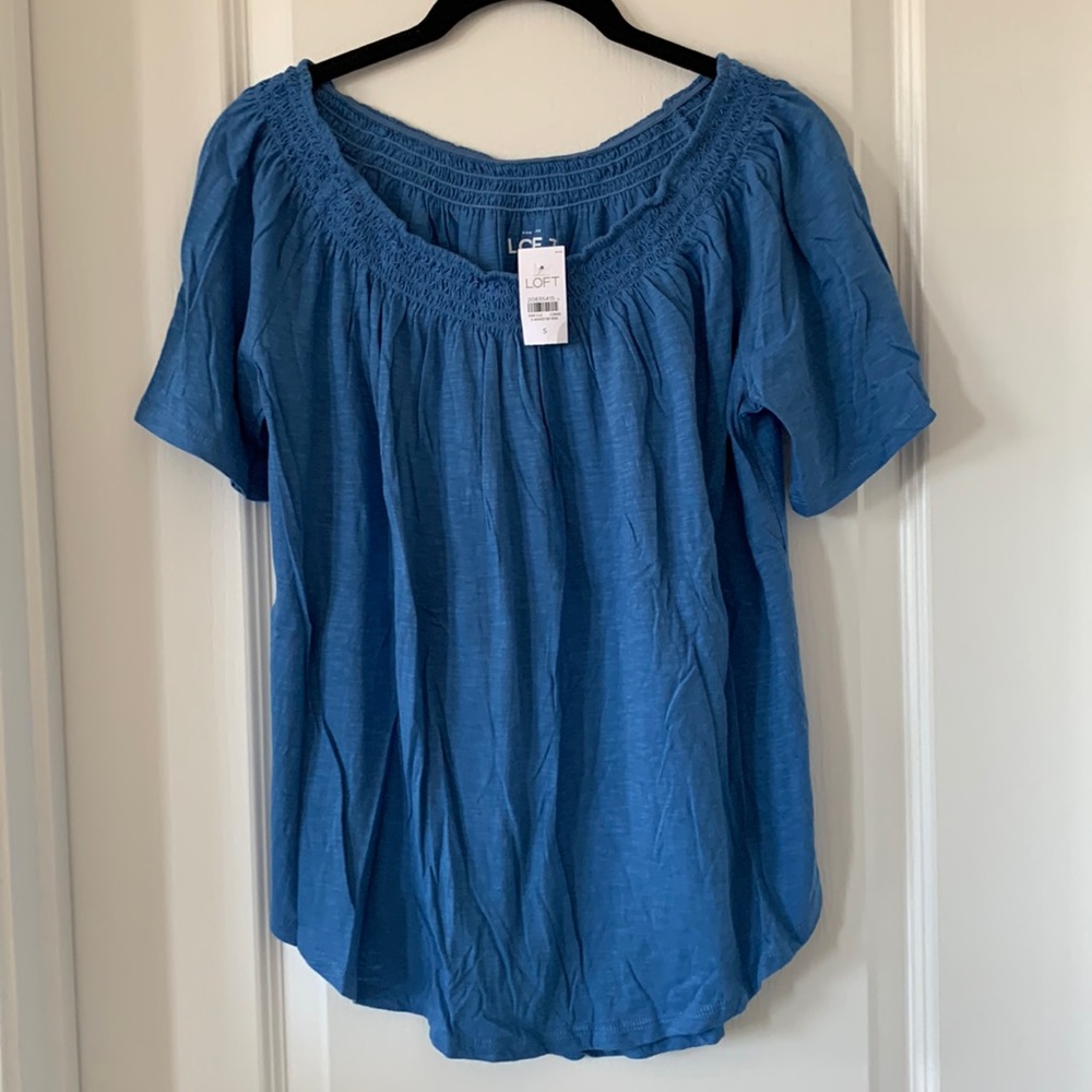 NWT LOFT 100% Cotton Blue Off-the-Shoulder Short Sleeves Top Size Small